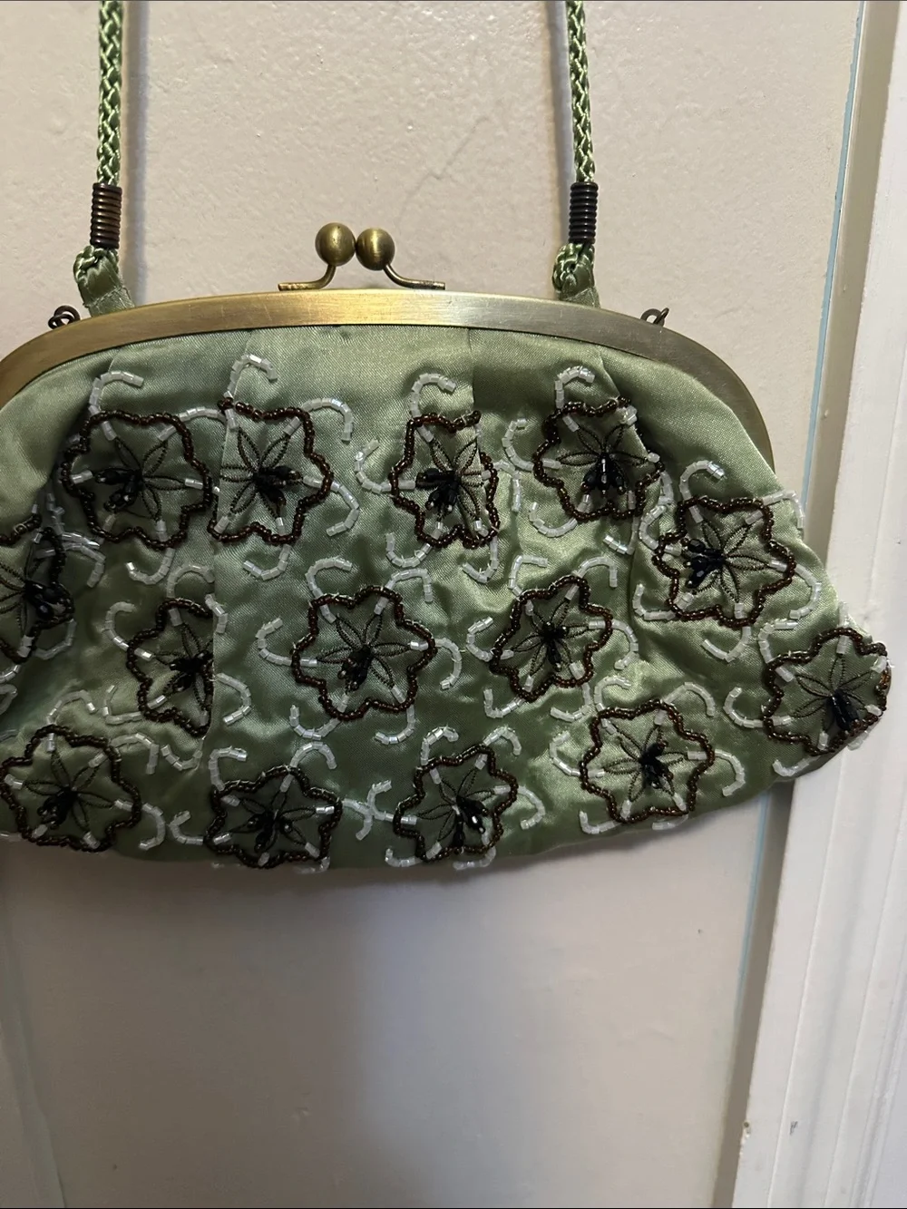 Beaded Floral Embroidered Satin Clutch Shoulder Bag - Sage Green
